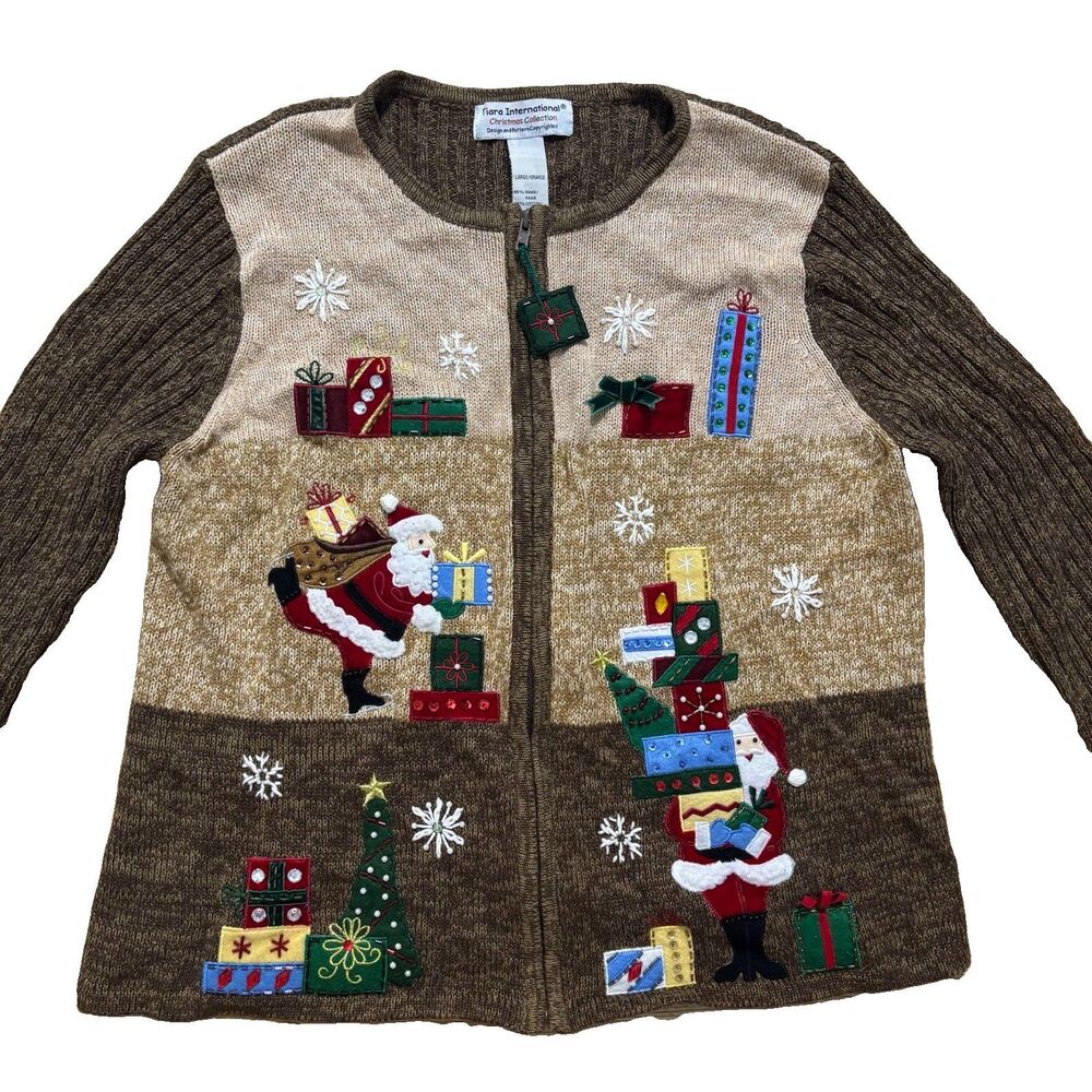 Tiara International Christmas Cardigan Womens Large Brown Zip Ramie Cotton Vtg